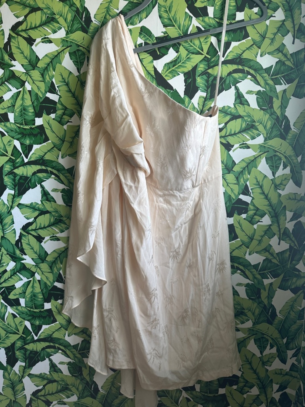 BCBGMaxAzria Ivory One-Shoulder Satin Dress with Ruffle Accent